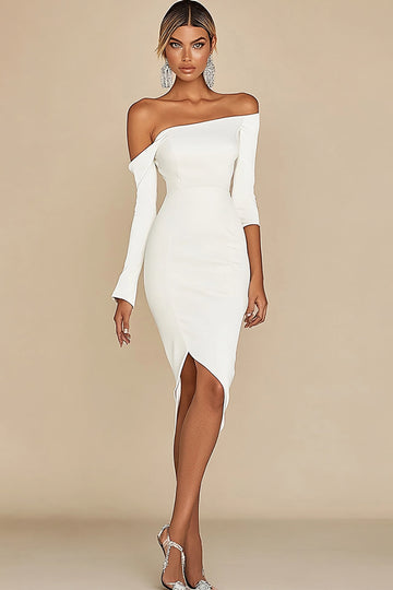 White Off The Shoulder Bodycon Short Graduation Dress with Long Sleeves